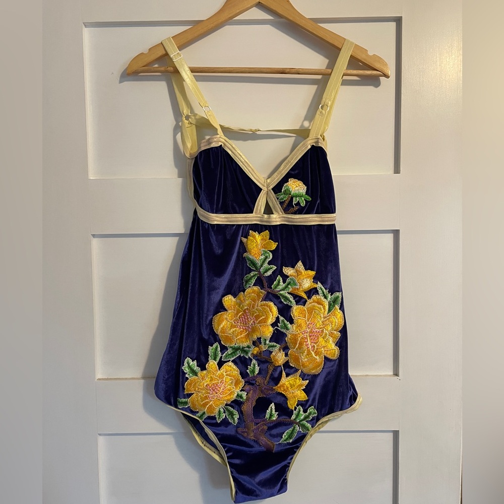 Solstice Intimates Floral Embroidered Bodysuit in Blue and Yellow.